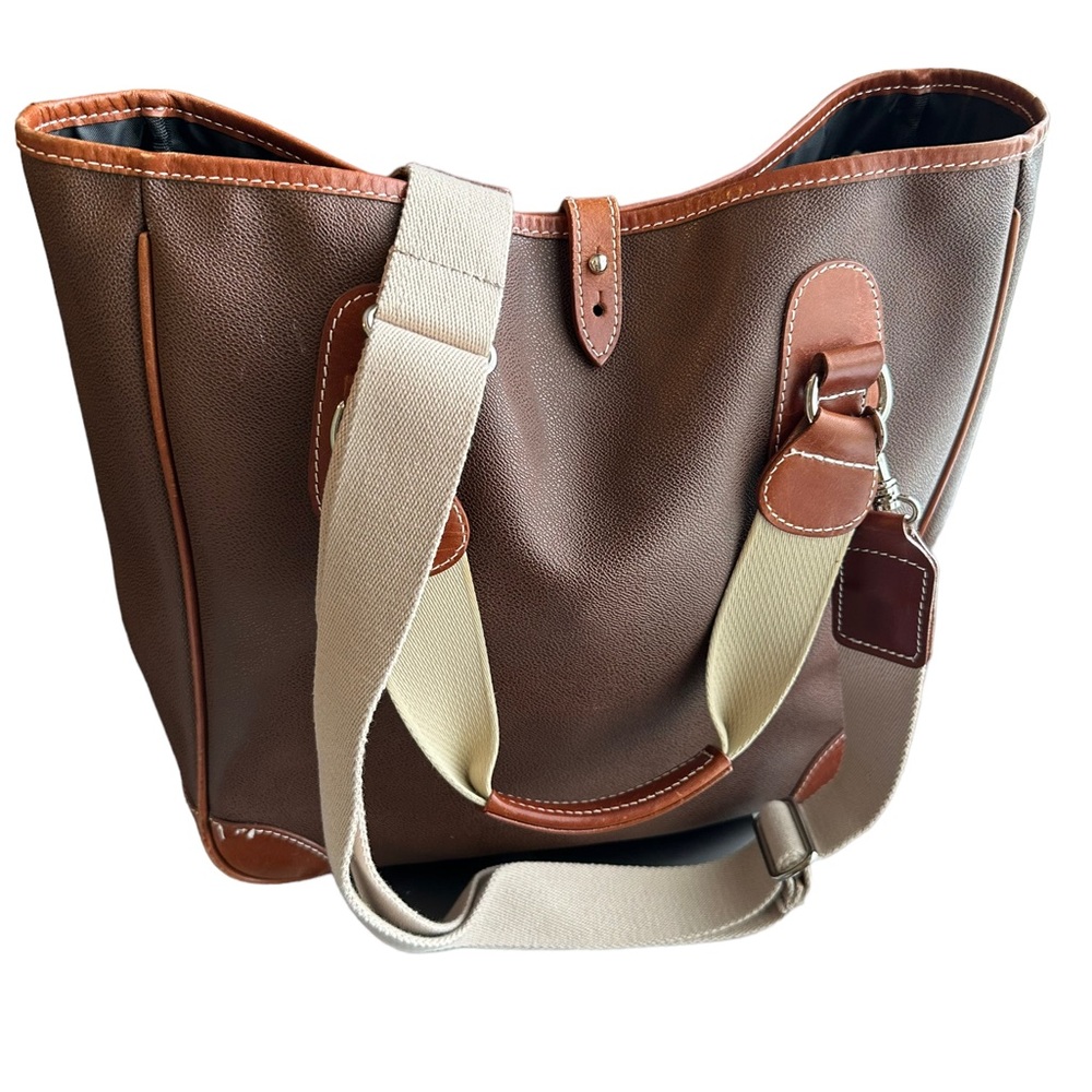 MULHOLLAND Large Tote Bag Brown Vinyl Canvas Leather Travel Office